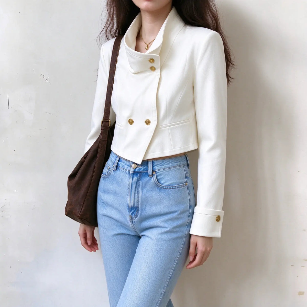Female model stands in side front view, white cropped asymmetric jacket, show high neckline and cropped hem design