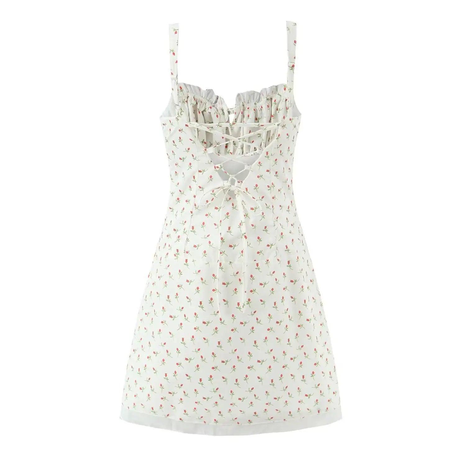 Isolated studio back view white mini cami dress ditsy red rose bud print crisscross lace‑up tie open back