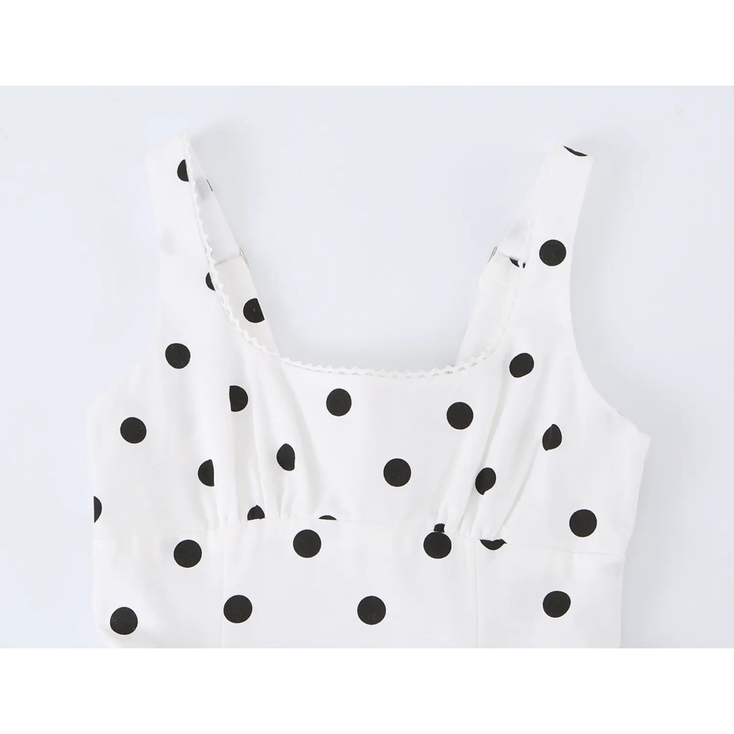 White black polka dot cami dress front flat close-up, square neck scalloped lace bust gather woven dot fabric white background shot