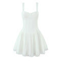 Full front product shot of ivory mesh dot tutu sundress, lace scallop bust with tiny bow, boned corset fitted bodice and multi-layer flared tulle skirt.