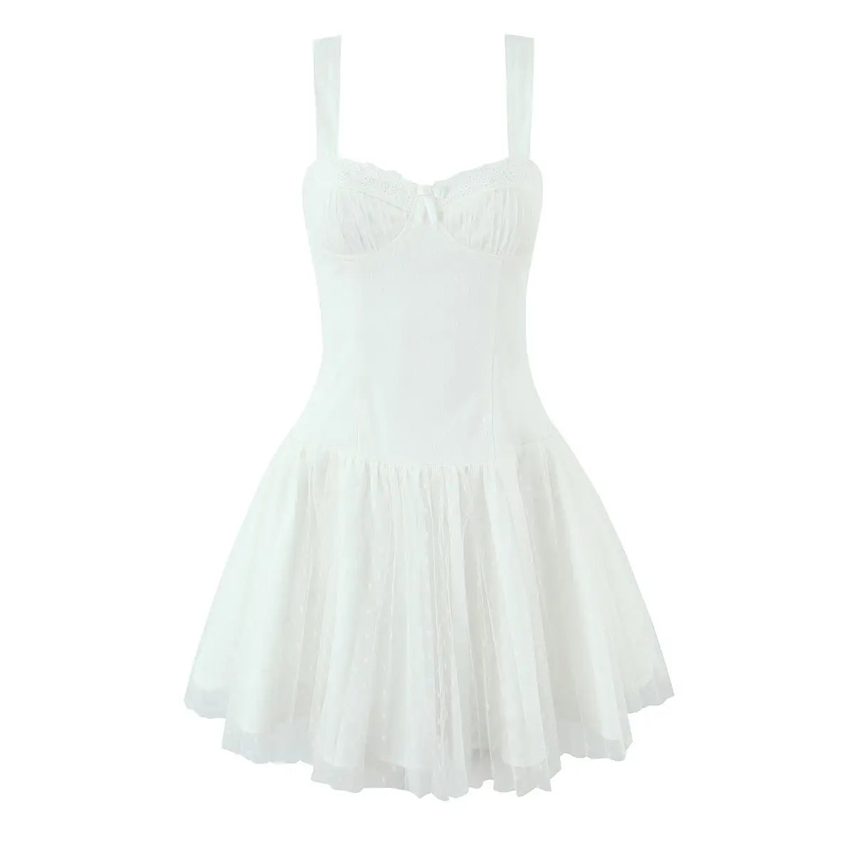 Full front product shot of ivory mesh dot tutu sundress, lace scallop bust with tiny bow, boned corset fitted bodice and multi-layer flared tulle skirt.
