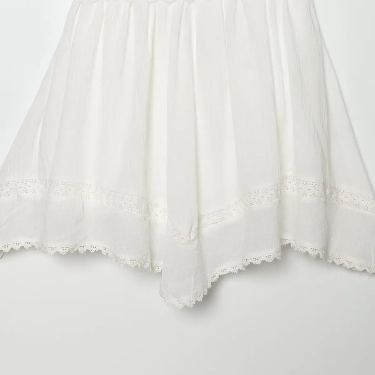 Close-up of the hem on white embroidered dress, showing scalloped lace trim and layered fabric.