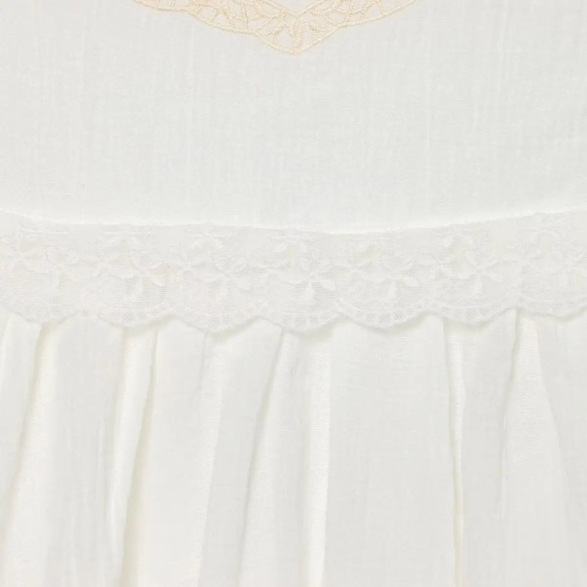 Close-up of the waist lace trim on white dress, showing delicate floral lace and gathered skirt.