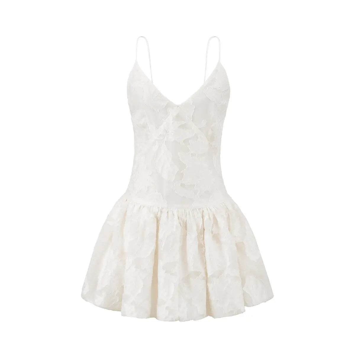 Full front white background floral jacquard cami mini dress