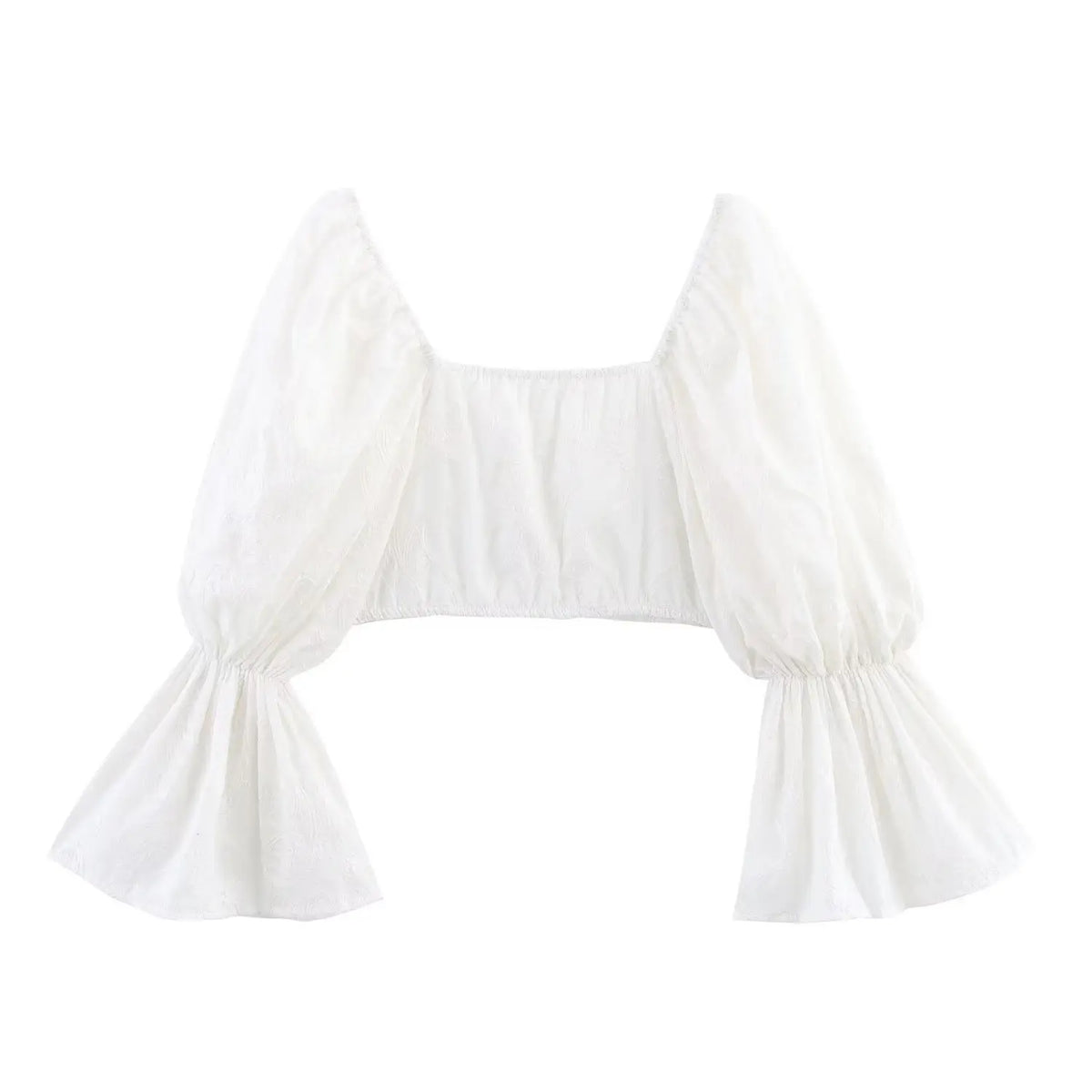 Back view white embroidered cropped blouse, elastic square back neck, bubble flare sleeves