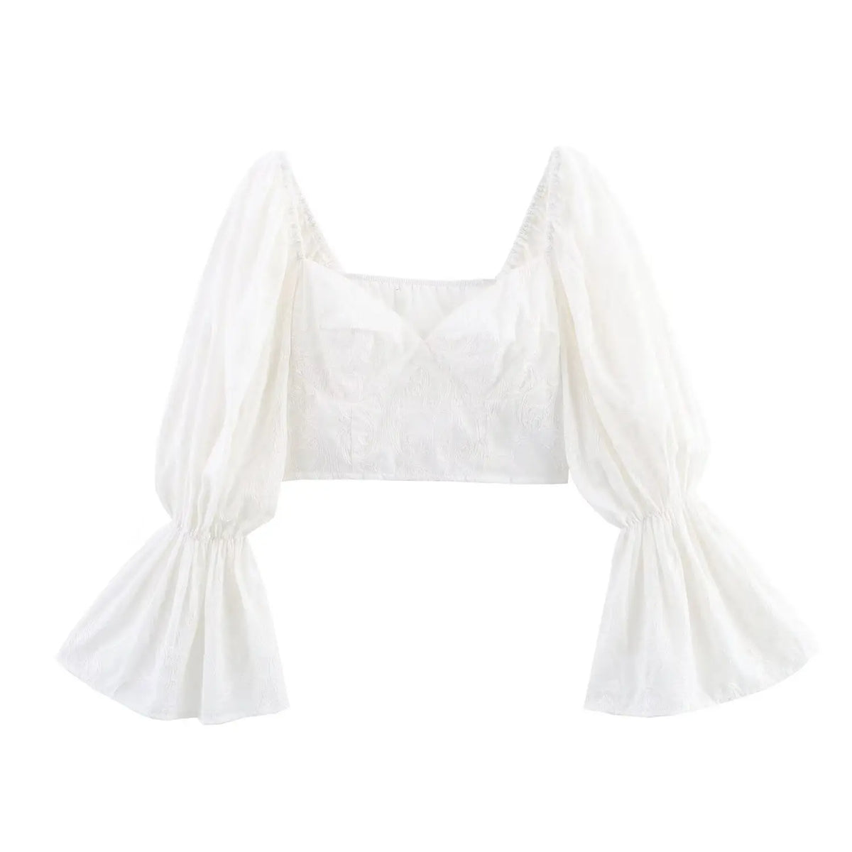 Front view white embroidered crop top, square neck, puff long bell sleeves, textured jacquard fabric