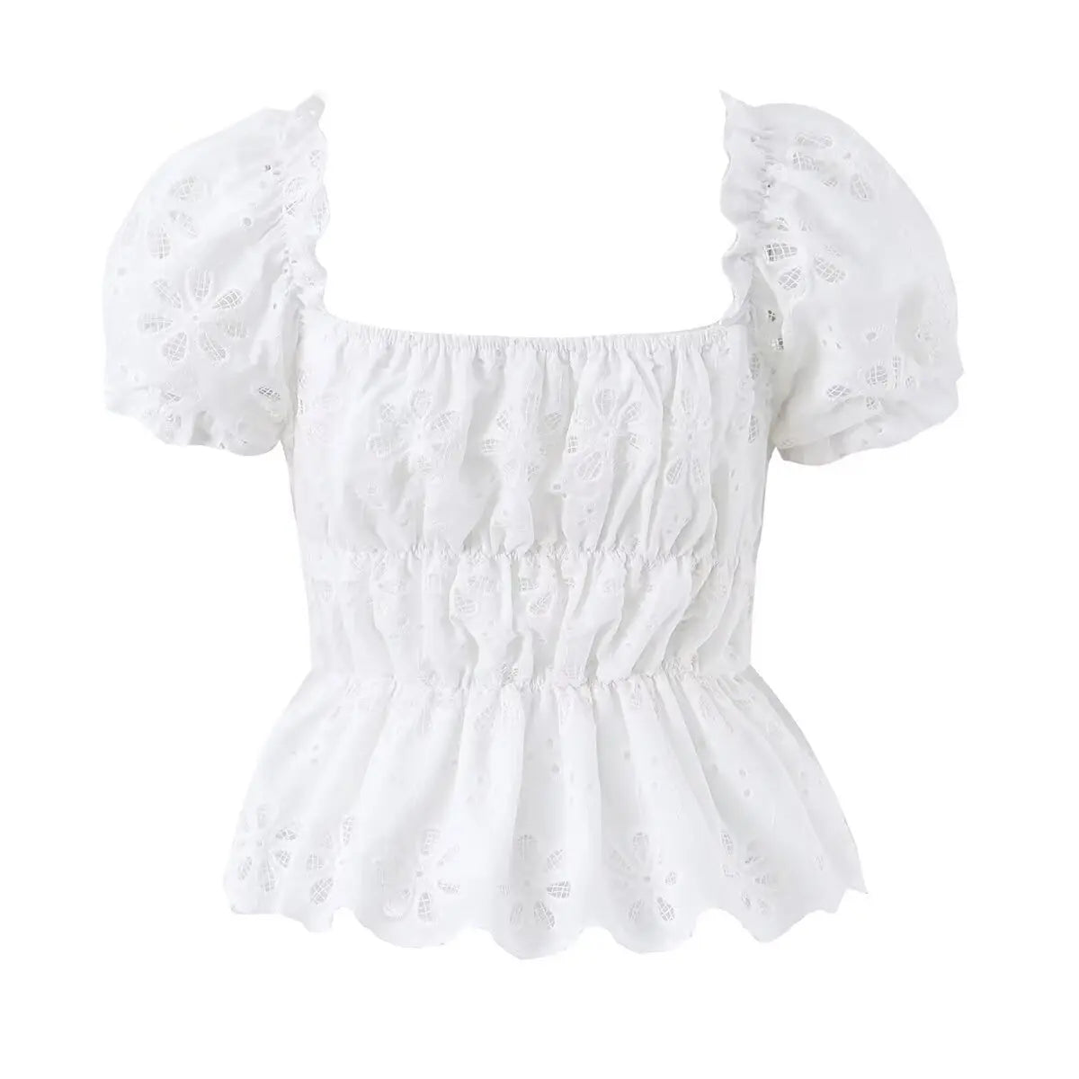 White square-neck eyelet embroidered top with puff sleeves, full back view on white background