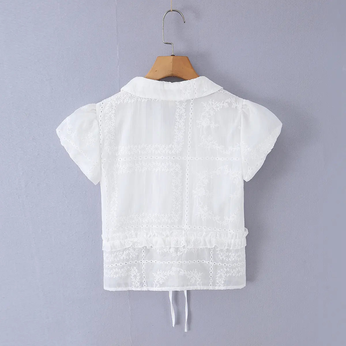 Full back view of the blouse, showing the puff sleeves, ruffle hem, and all-over embroidery.