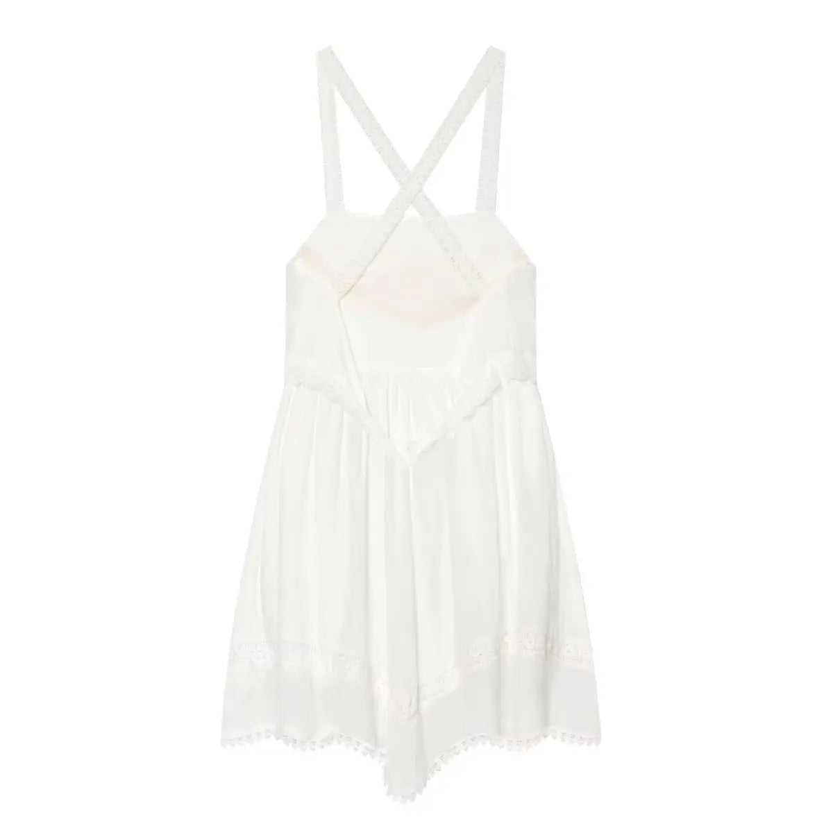 Full back view of white embroidered lace strap dress, showing crisscross straps and open back design.