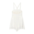 Full front view of white embroidered lace strap dress with floral embroidery and lace trim details.