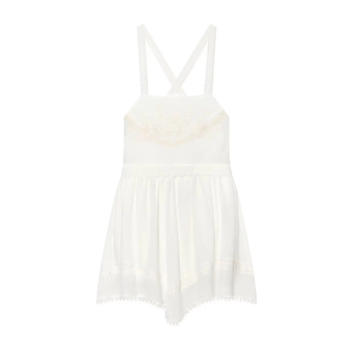 Full front view of white embroidered lace strap dress with floral embroidery and lace trim details.