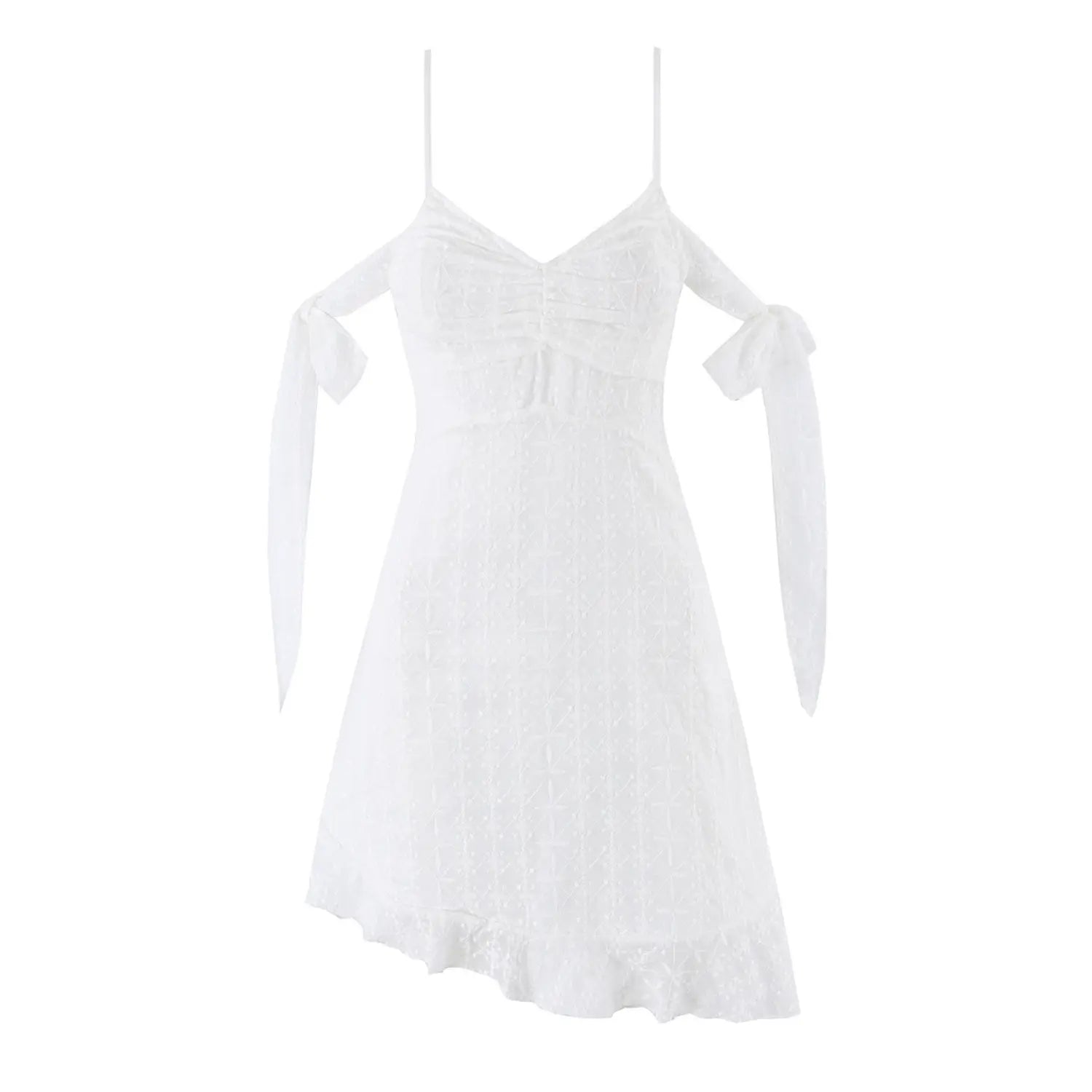 White floral eyelet embroidered off-shoulder tie strap mini dress front plain white flat lay, bust shirring arm bow ties irregular ruffle hem coquette resort short dress main hero shot
