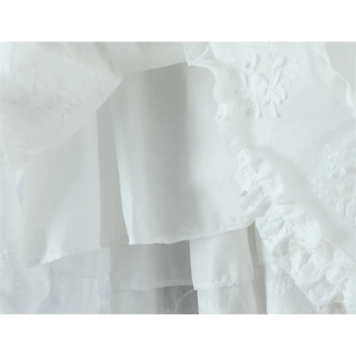 Close-up of the layered fabric construction, showing the lightweight embroidered material and finished seams.