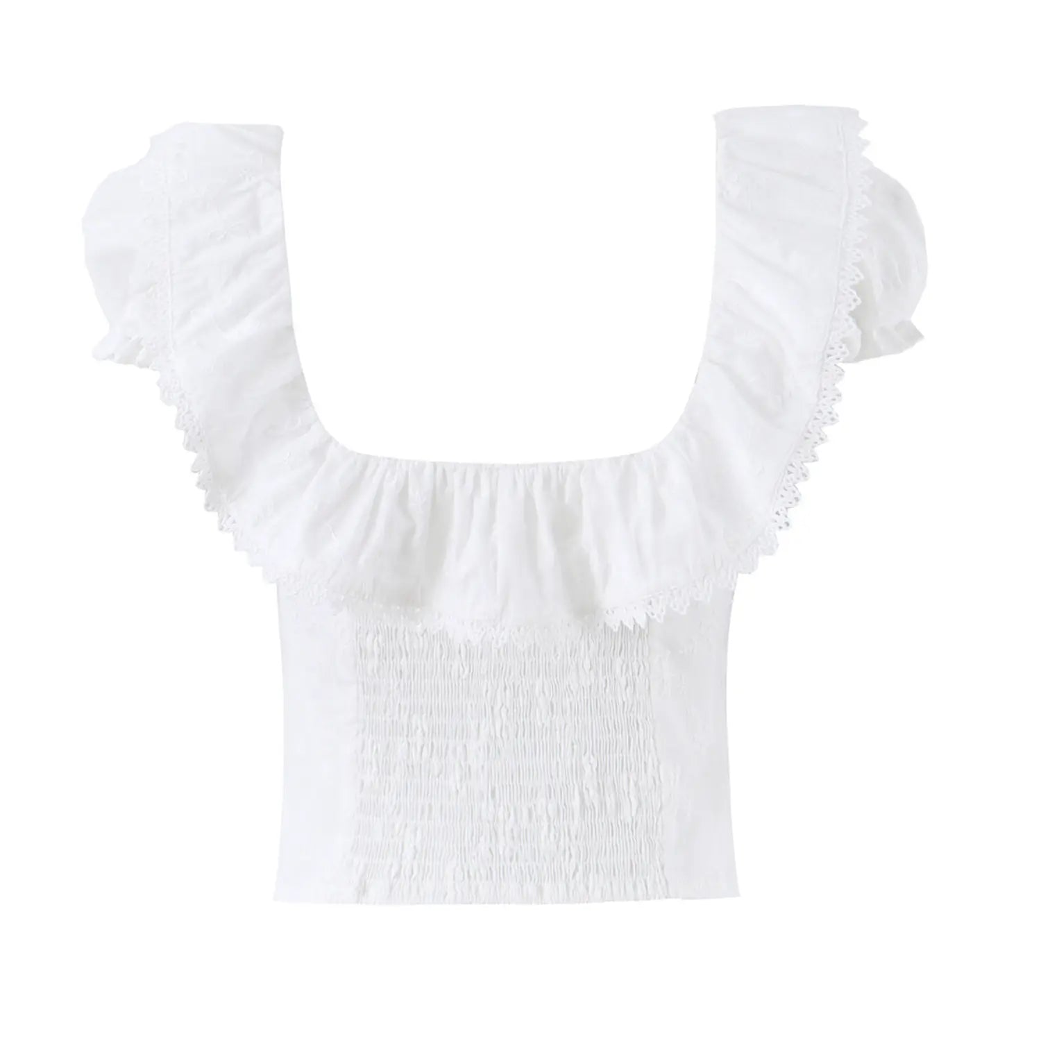 Full back view on white background of the white embroidered square-neck lace-trimmed camisole