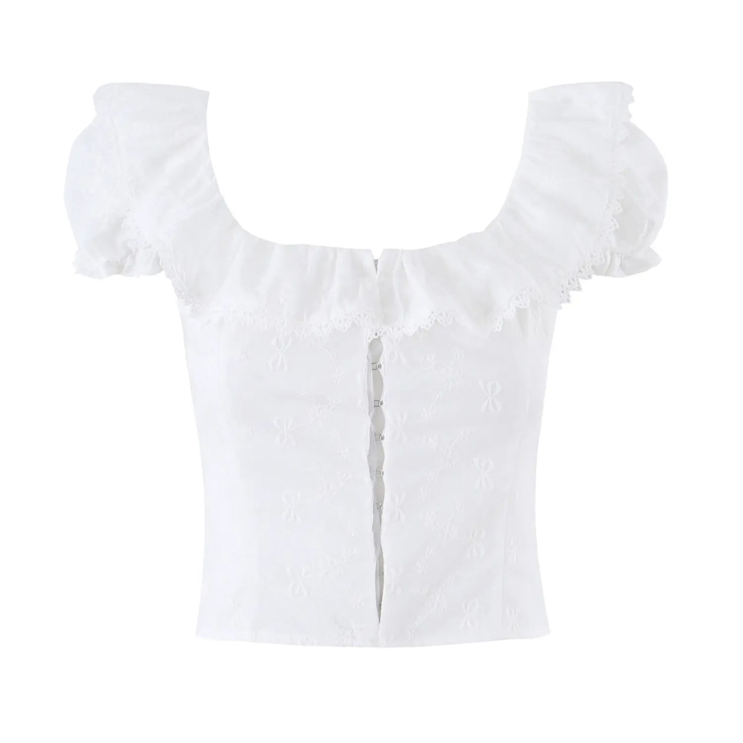 Style view on white background of the white embroidered square-neck lace-trimmed camisole