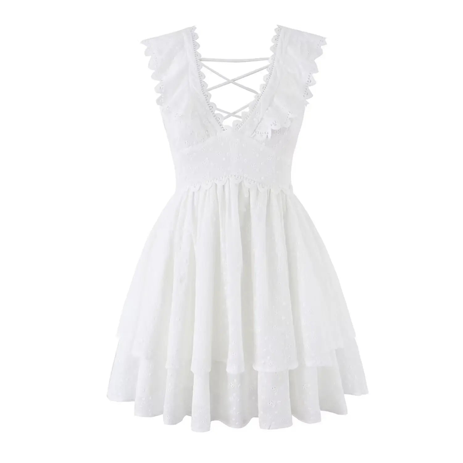 Full flat lay shot of the white eyelet lace dress, showing the tiered skirt and V-neck silhouette