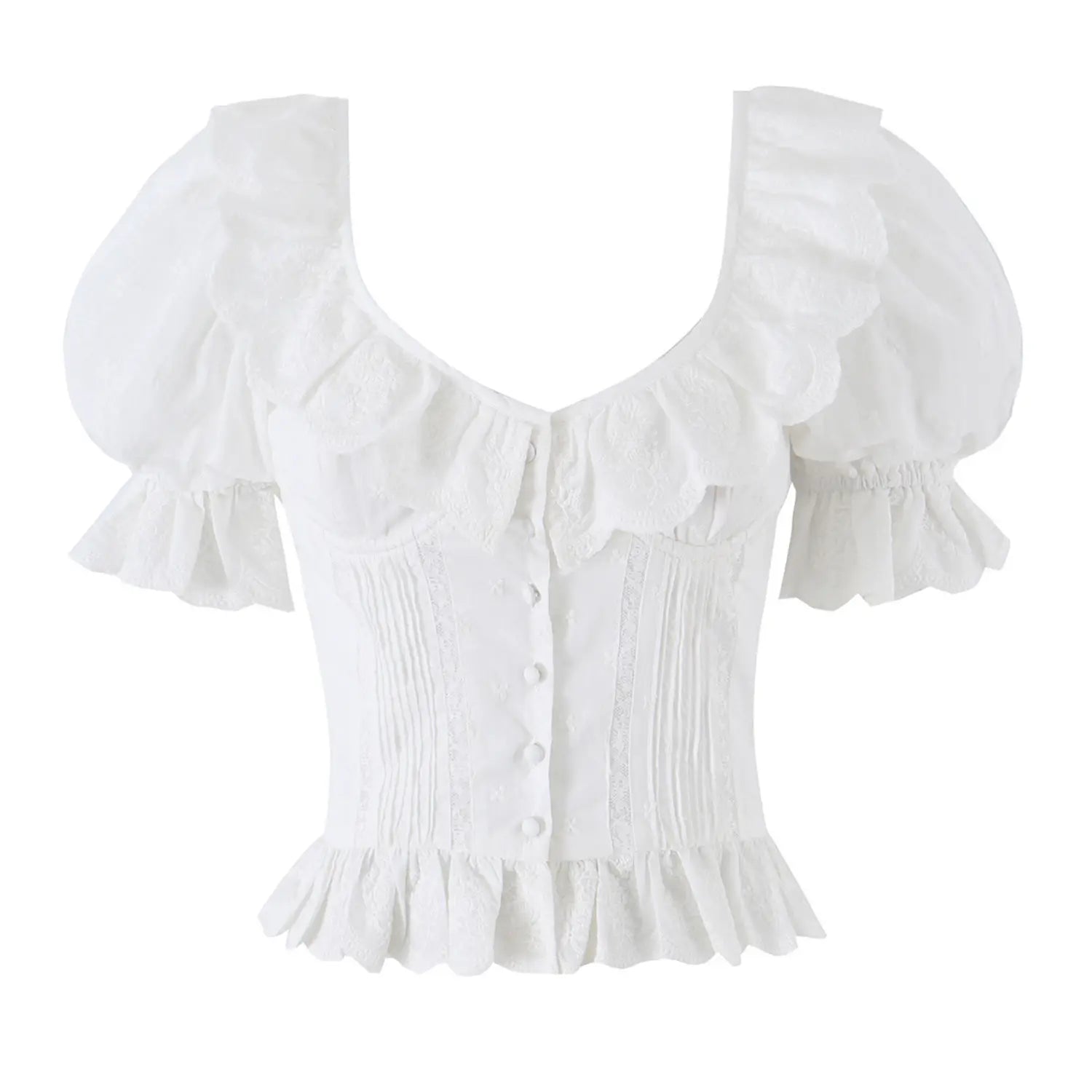 White background product shot women eyelet embroidered corset blouse, scallop lace ruffle square neck puff sleeve peplum crop top front view