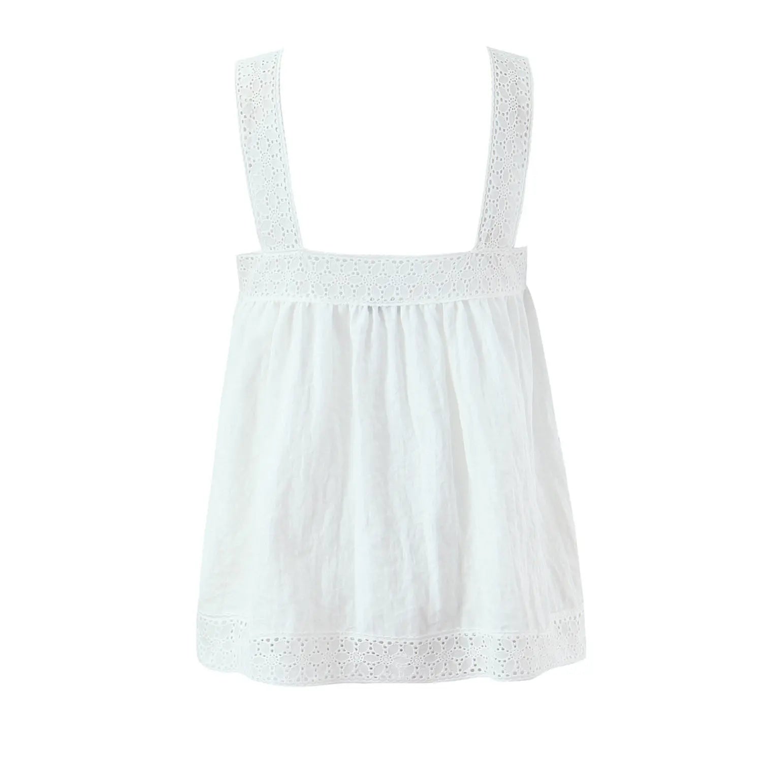 White background back view product shot of white eyelet lace square neck loose camisole tank top