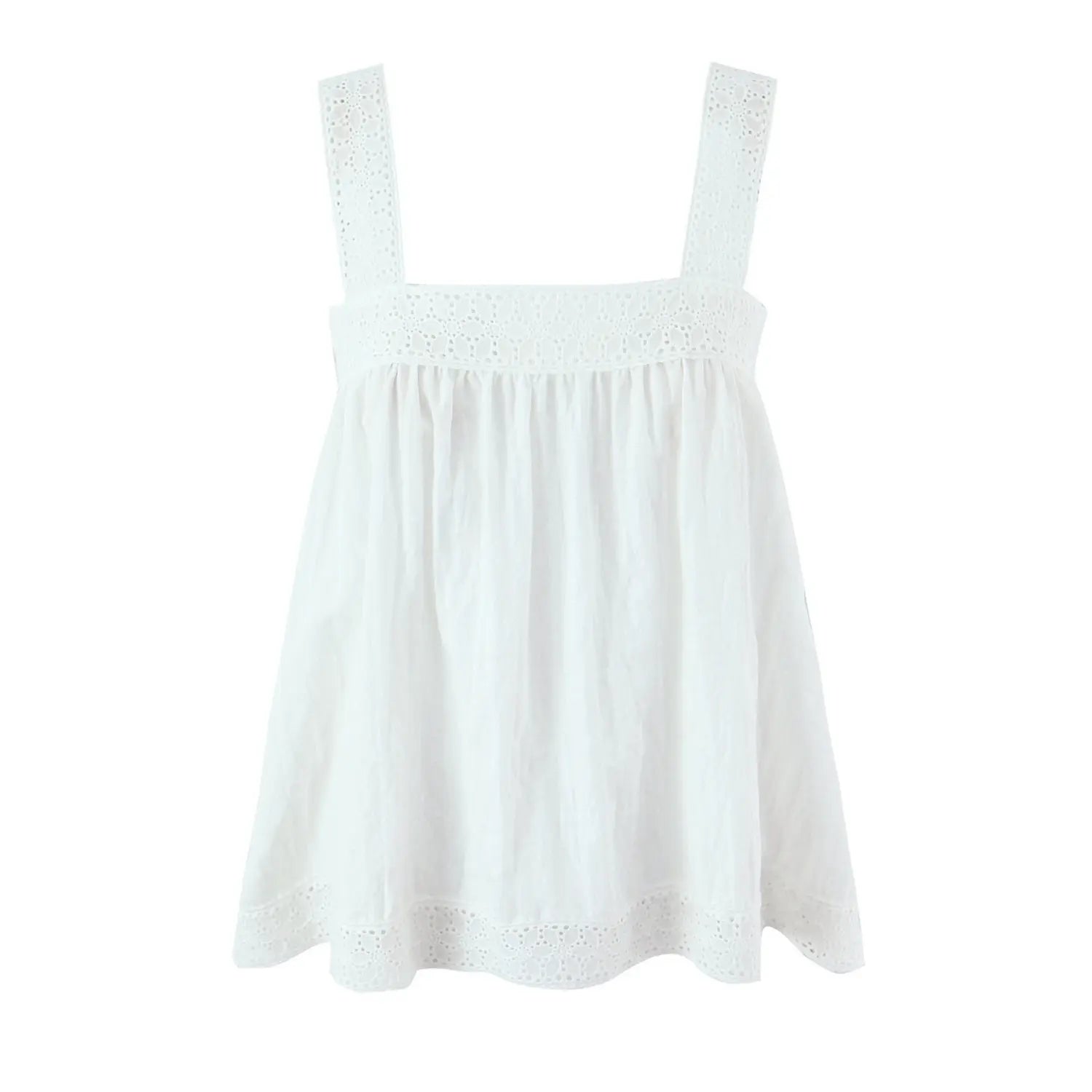 Plain white background product photo, front view loose white linen camisole with eyelet lace square straps and hem