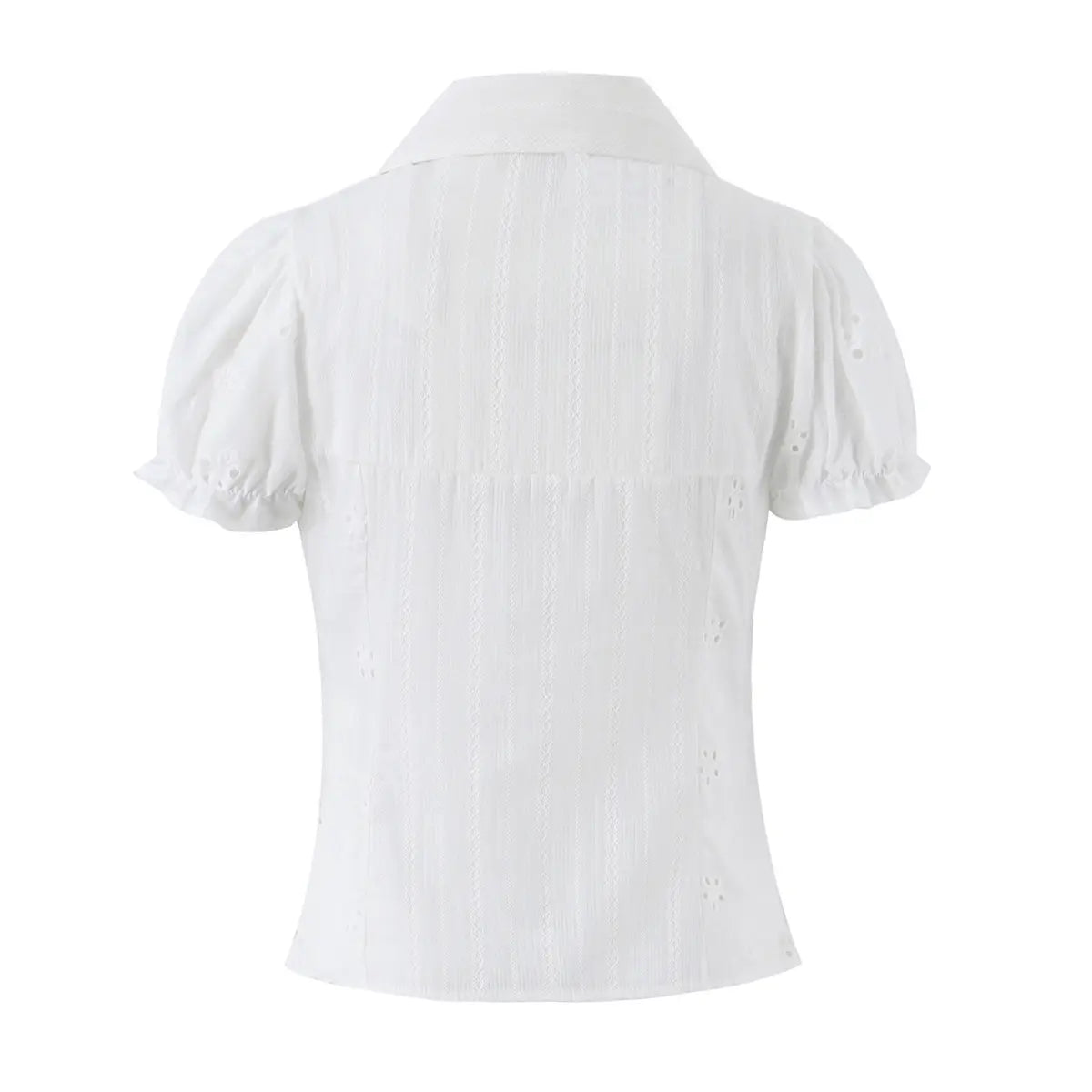 Back view of a white eyelet lace bustier shirt, showing the vertical textured fabric, puff sleeves, and pointed collar.