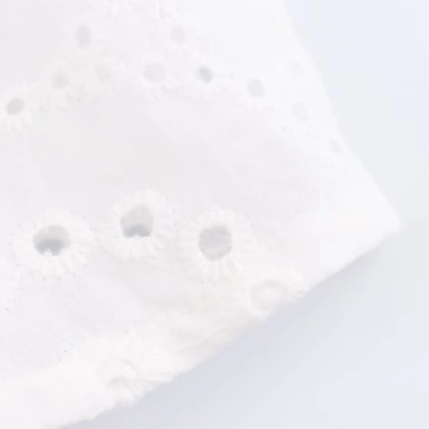 Close-up of the eyelet embroidery pattern and scalloped fabric on the white cami
