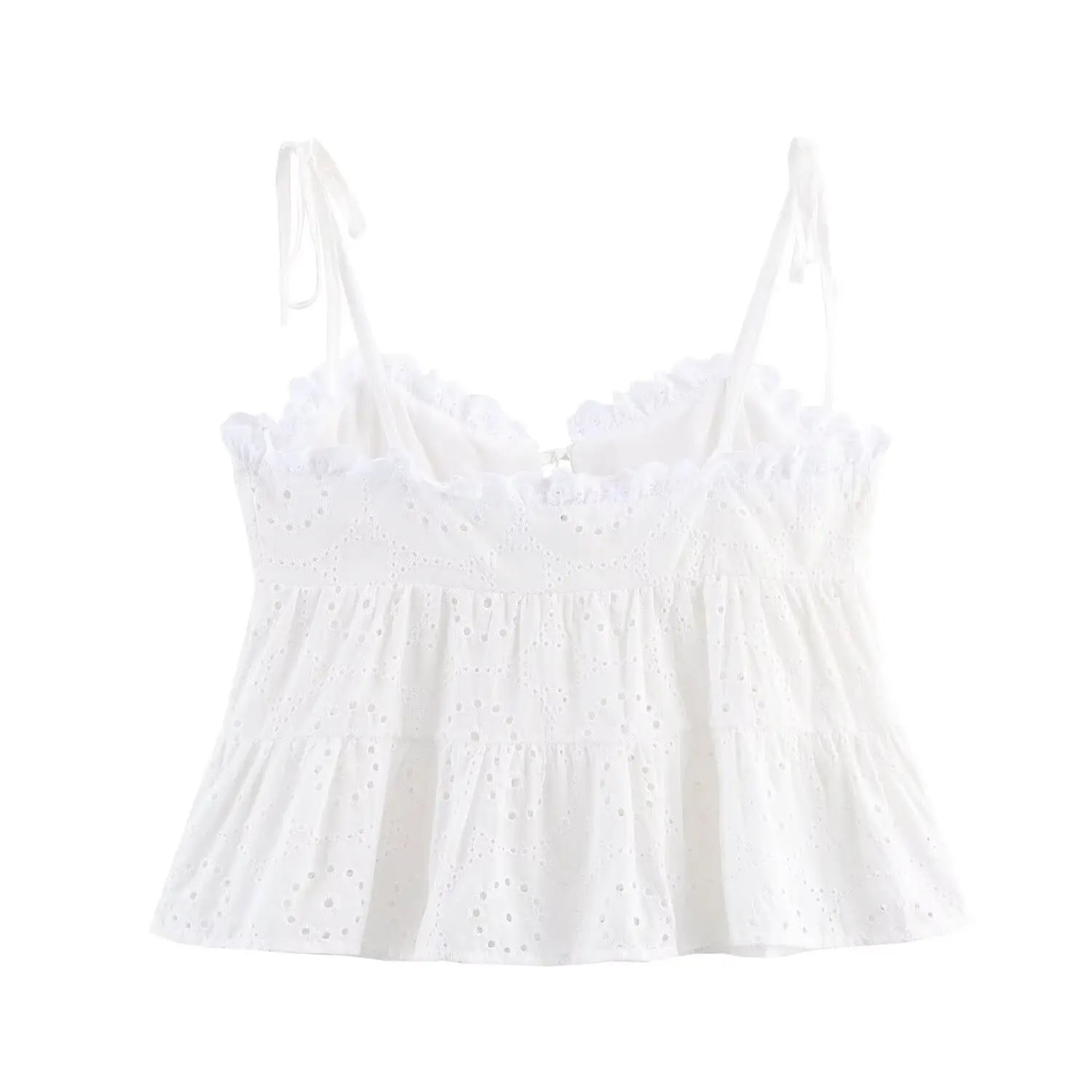 Full back view on white background of the white eyelet peplum cami top