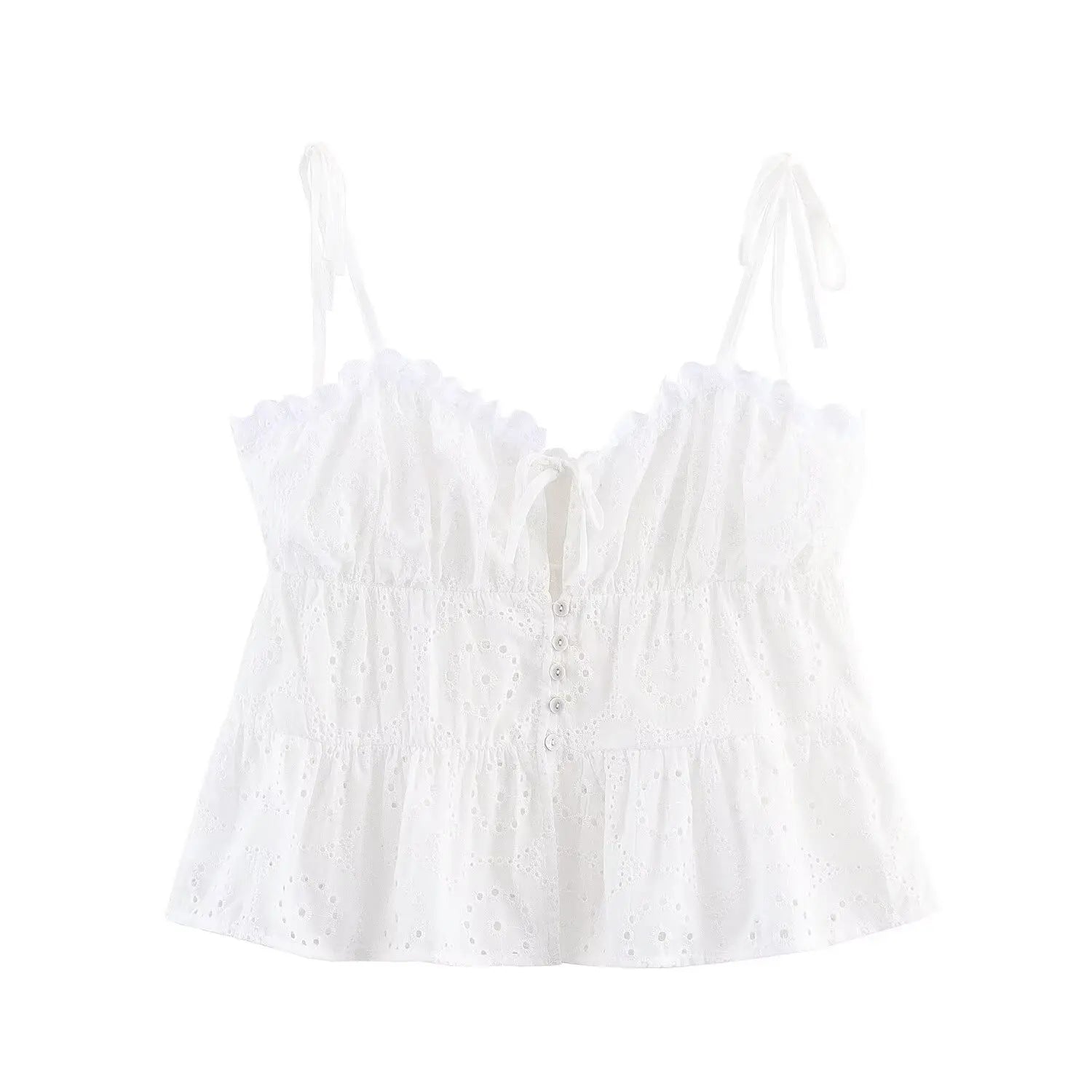 Full front view on white background of the white eyelet embroidered peplum cami top with tie straps