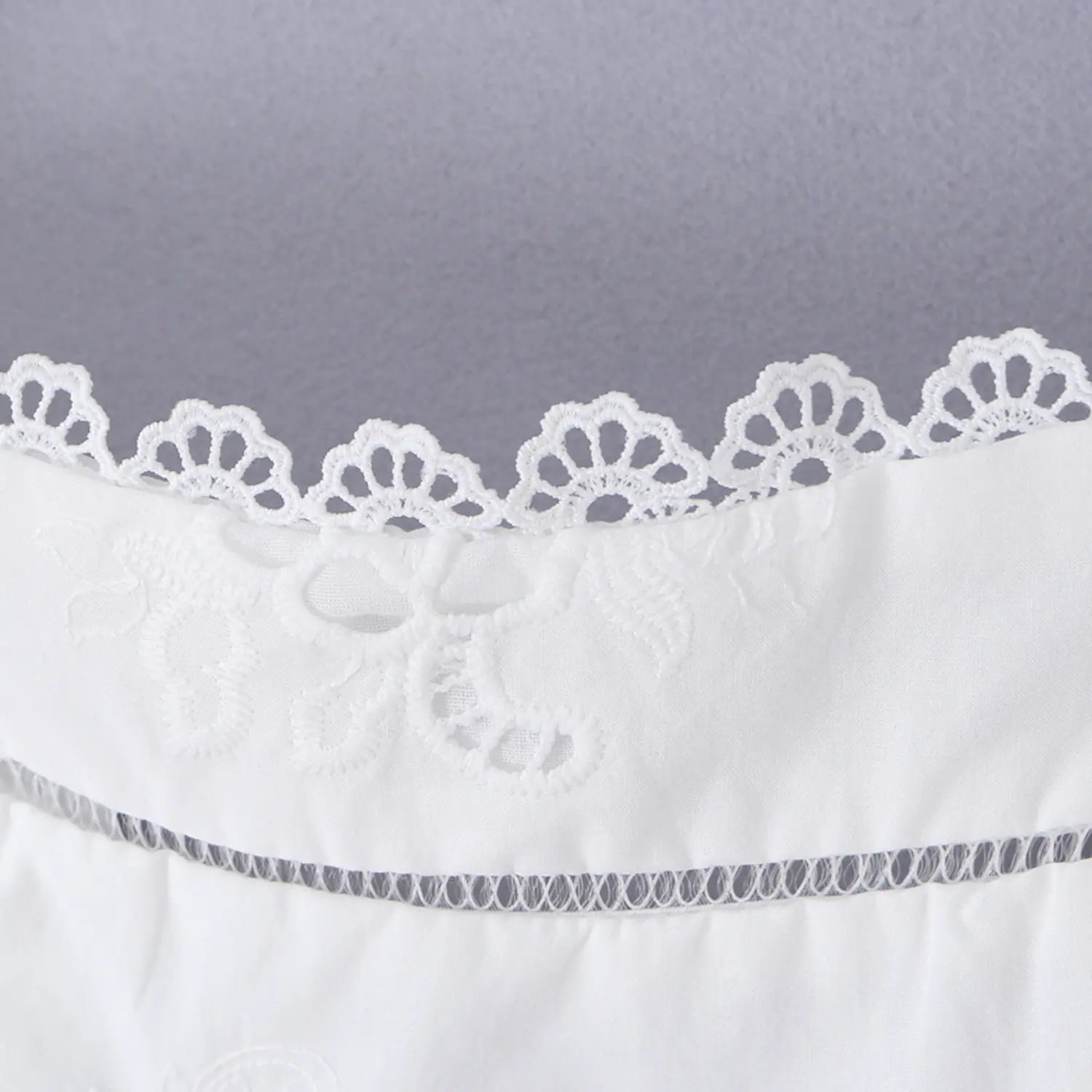 Close-up of the scalloped lace trim on the square neckline of the white dress