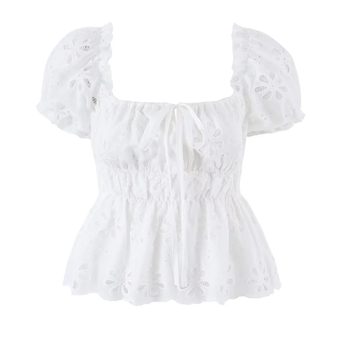 White square-neck eyelet embroidered top with puff sleeves, full front view on white background