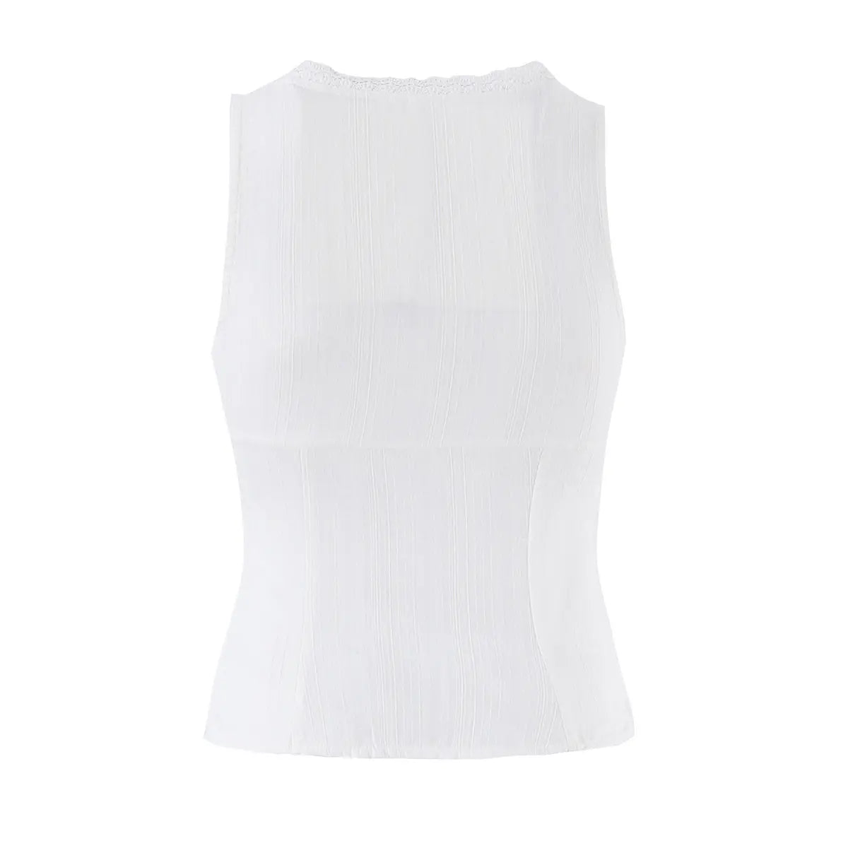  Studio shot of the back of a white ribbed bustier tank top, showing the smooth back, lace-trimmed neckline, and fitted silhouette.