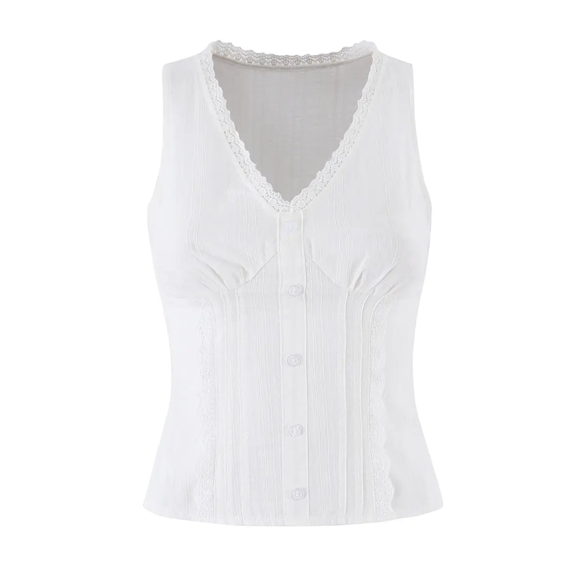 Studio shot of a white ribbed bustier tank top, featuring a V-neck with lace trim, front buttons, and a fitted silhouette.