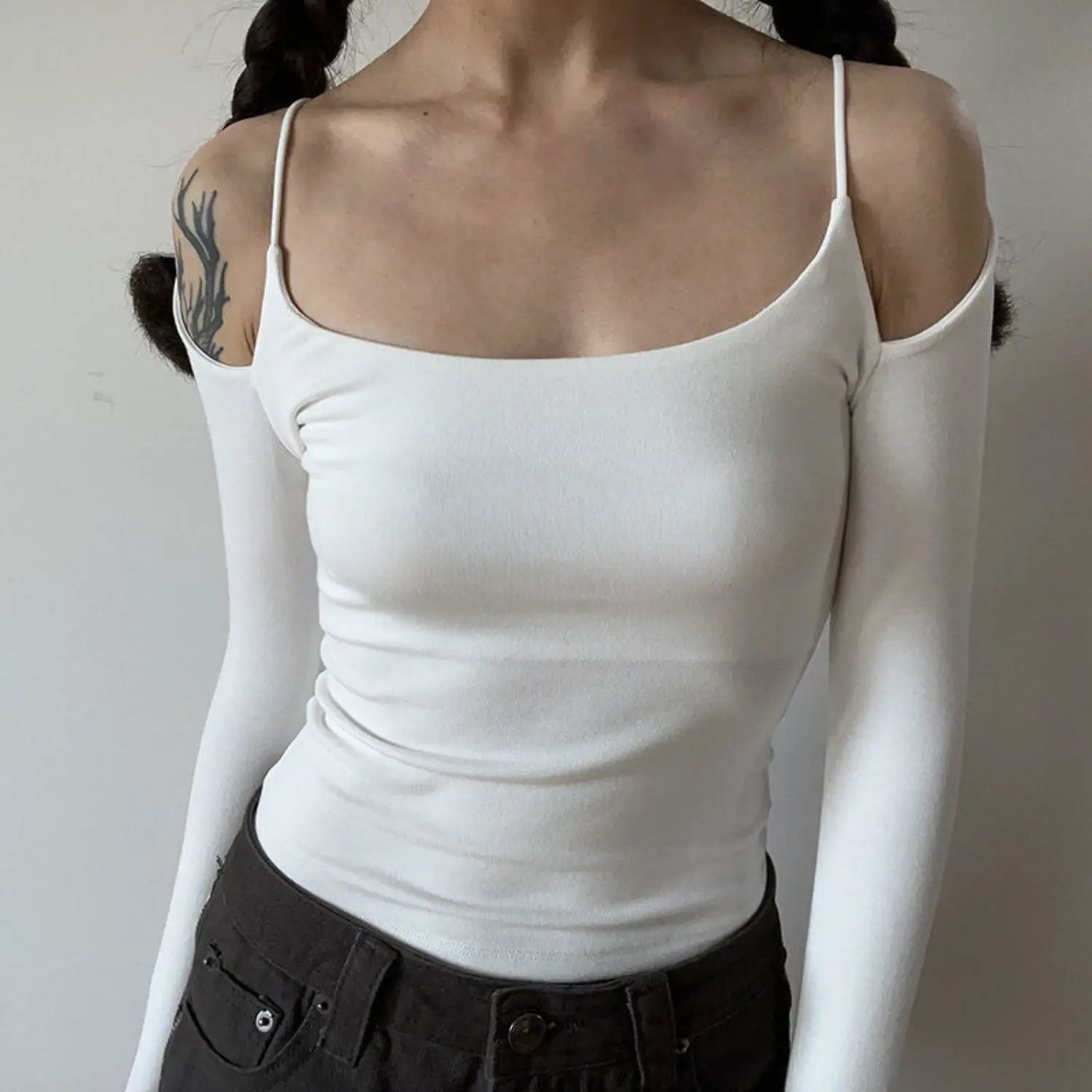 White spaghetti strap fake two piece cold shoulder long sleeve top half body indoor shot, square neck slim waist cropped stretch knit clean girly versatile inner wear
