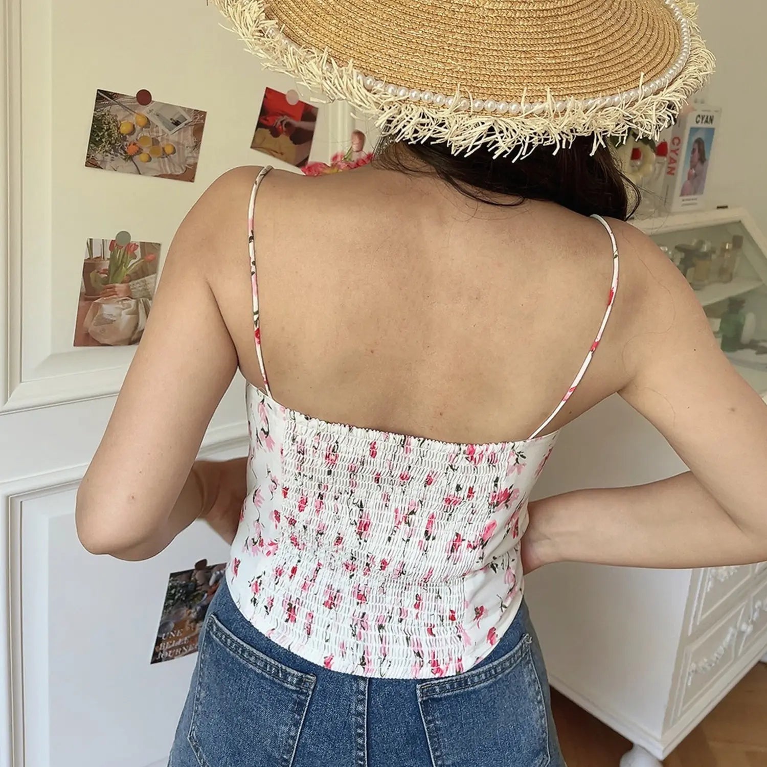 White pink floral cami top back view detail, full smocked elastic waist matching printed thin straps square back neck stitching