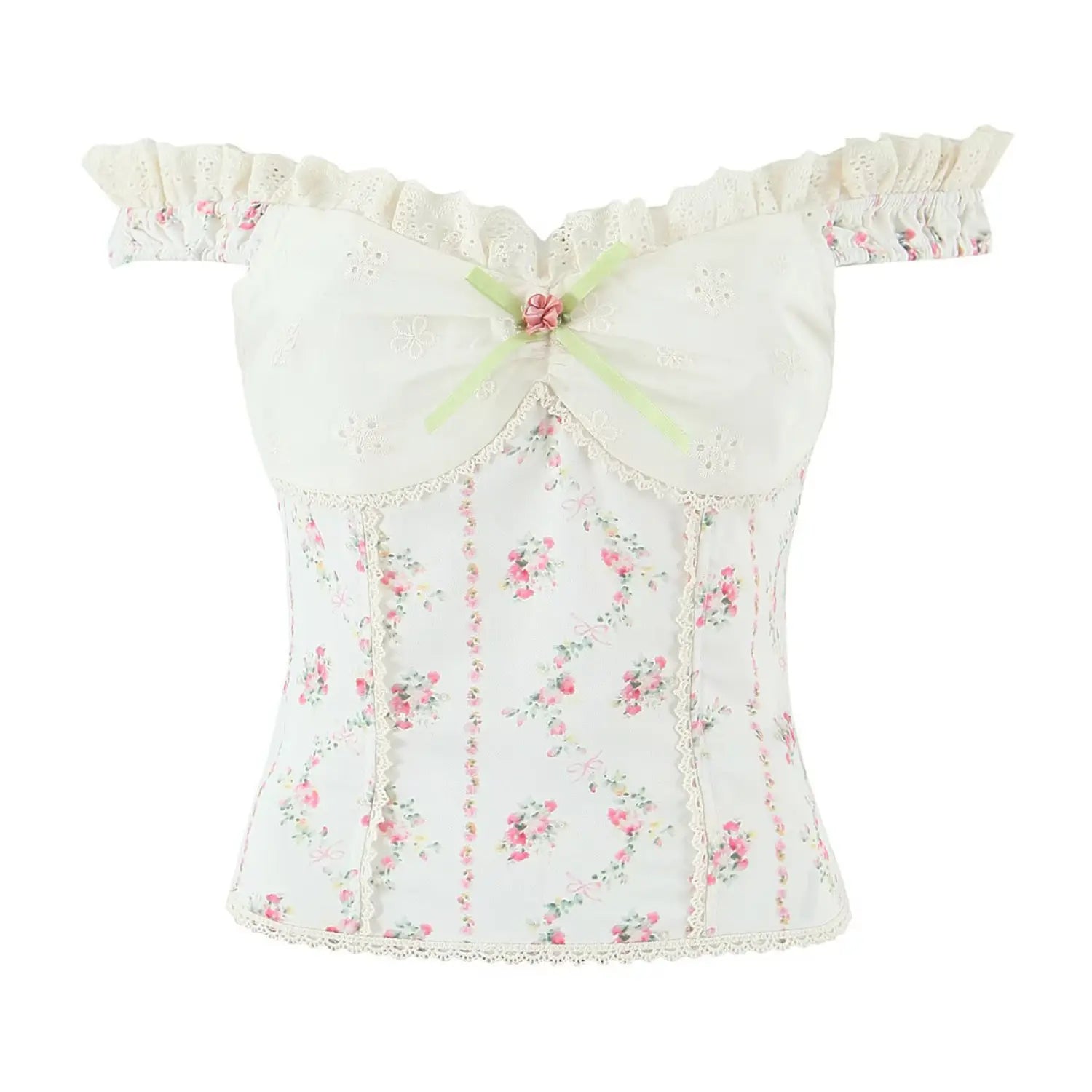 Studio white background product shot white floral corset cami top eyelet lace ruffle straps green ribbon fabric rose bust detail