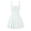 Front view of a white floral corset-style mini dress with lace-trimmed straps, a keyhole tie at the bust, and a flared skirt.