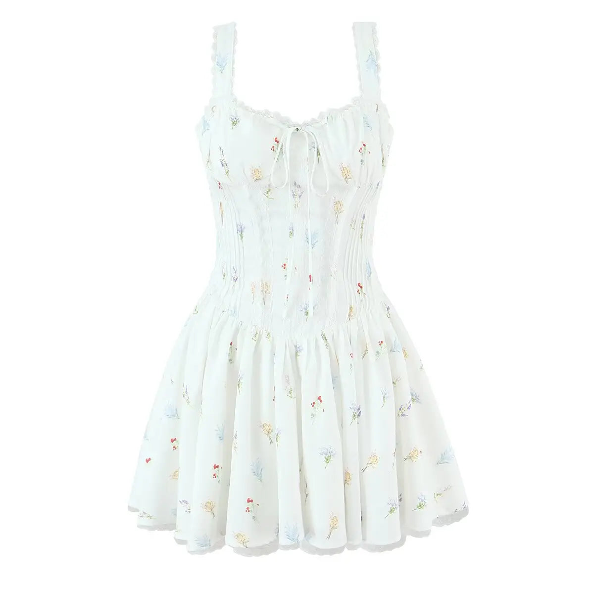 Front view of a white floral corset-style mini dress with lace-trimmed straps, a keyhole tie at the bust, and a flared skirt.