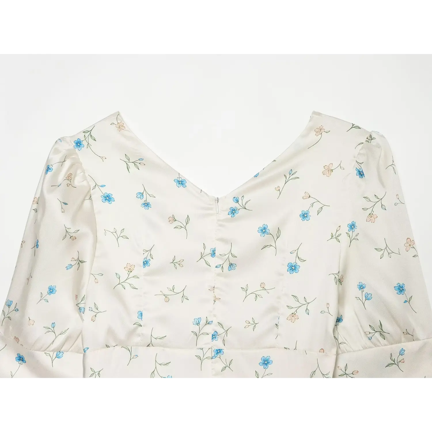 Back overview of V-neck floral mini dress, invisible center back zipper, puff elbow sleeves