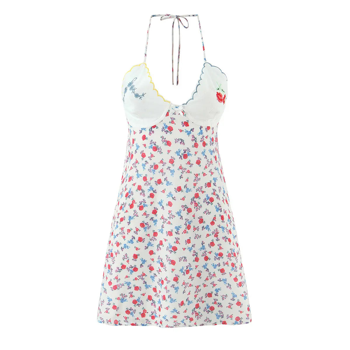  Full front view on white background of halter neck floral print mini slip dress with embroidered cups