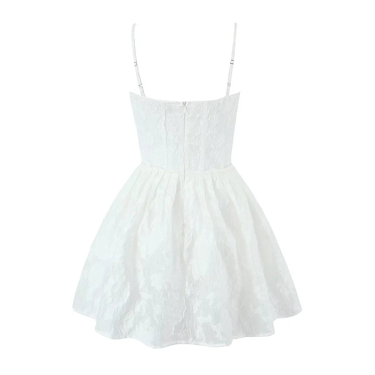 Full back view on white background of white corset-style spaghetti strap mini dress