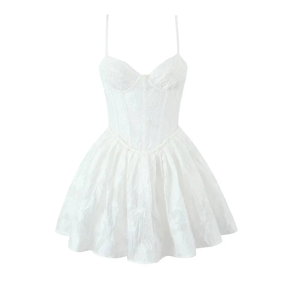 Full front view on white background of white corset-style spaghetti strap mini dress