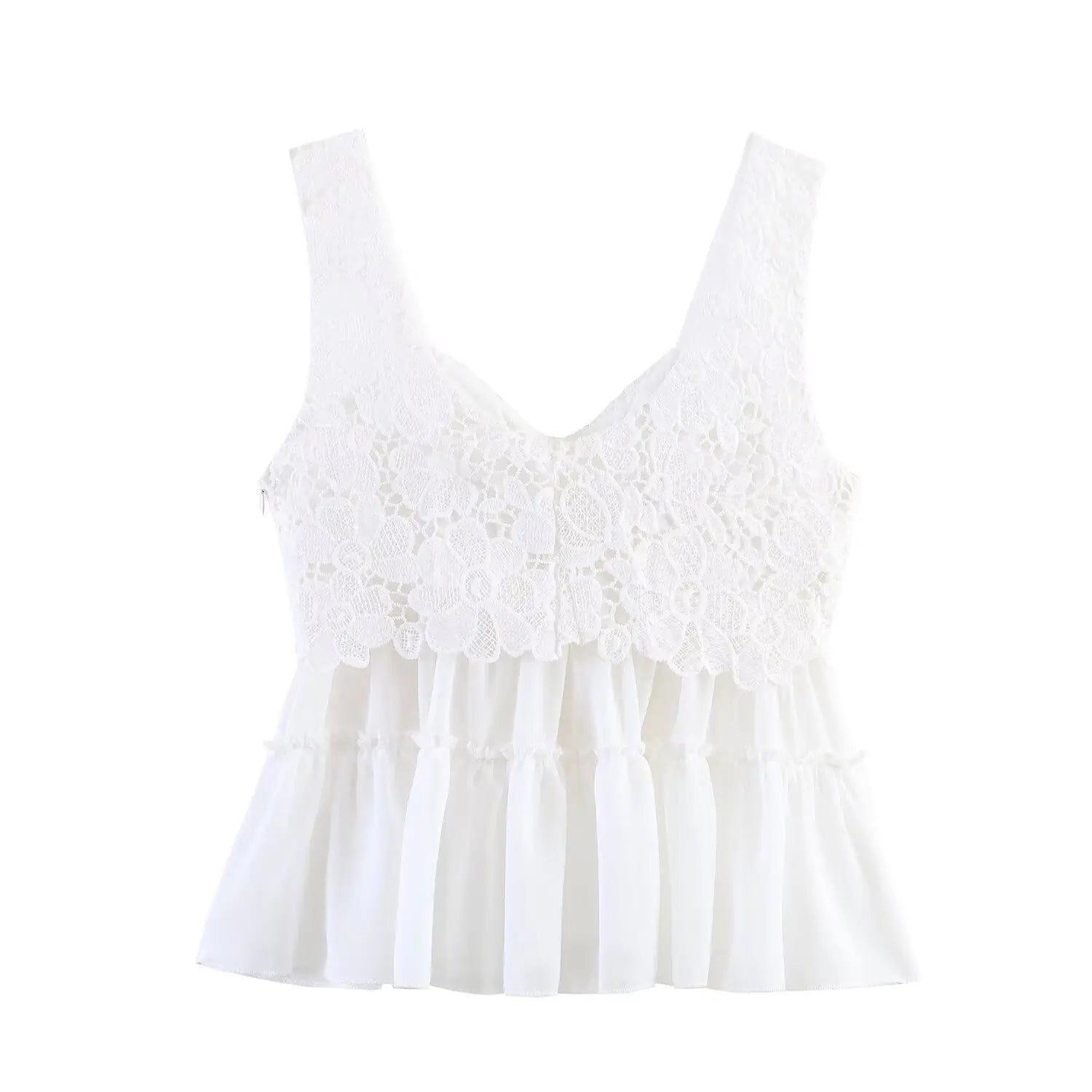 Full front flat lay of white cami tank top, wide lace spaghetti straps, V-neck hollow floral lace bust, tiered ruffle chiffon peplum hem, cropped waist fit