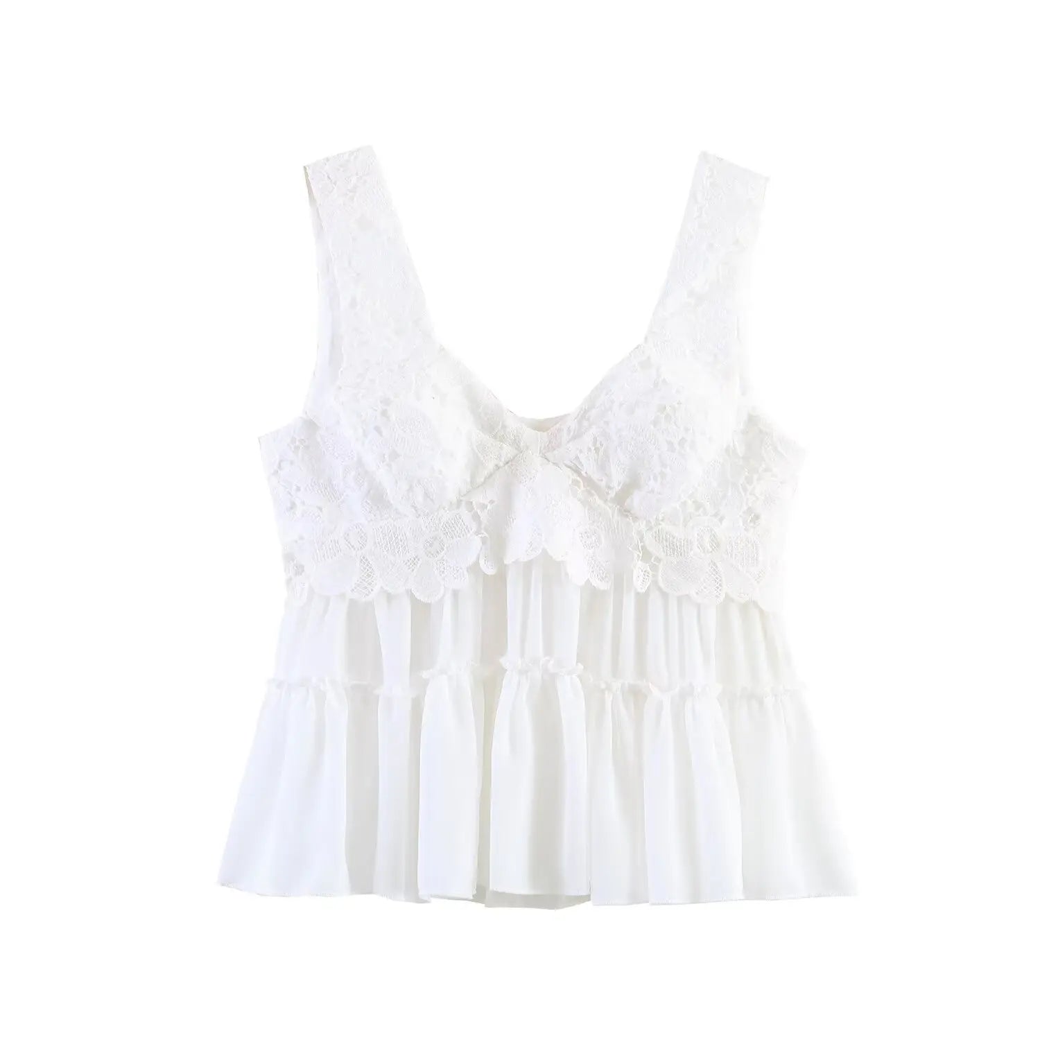  Upper torso close-up of deep V neck, full hollow flower crochet lace covering bust and wide shoulder straps, scalloped lace hemline