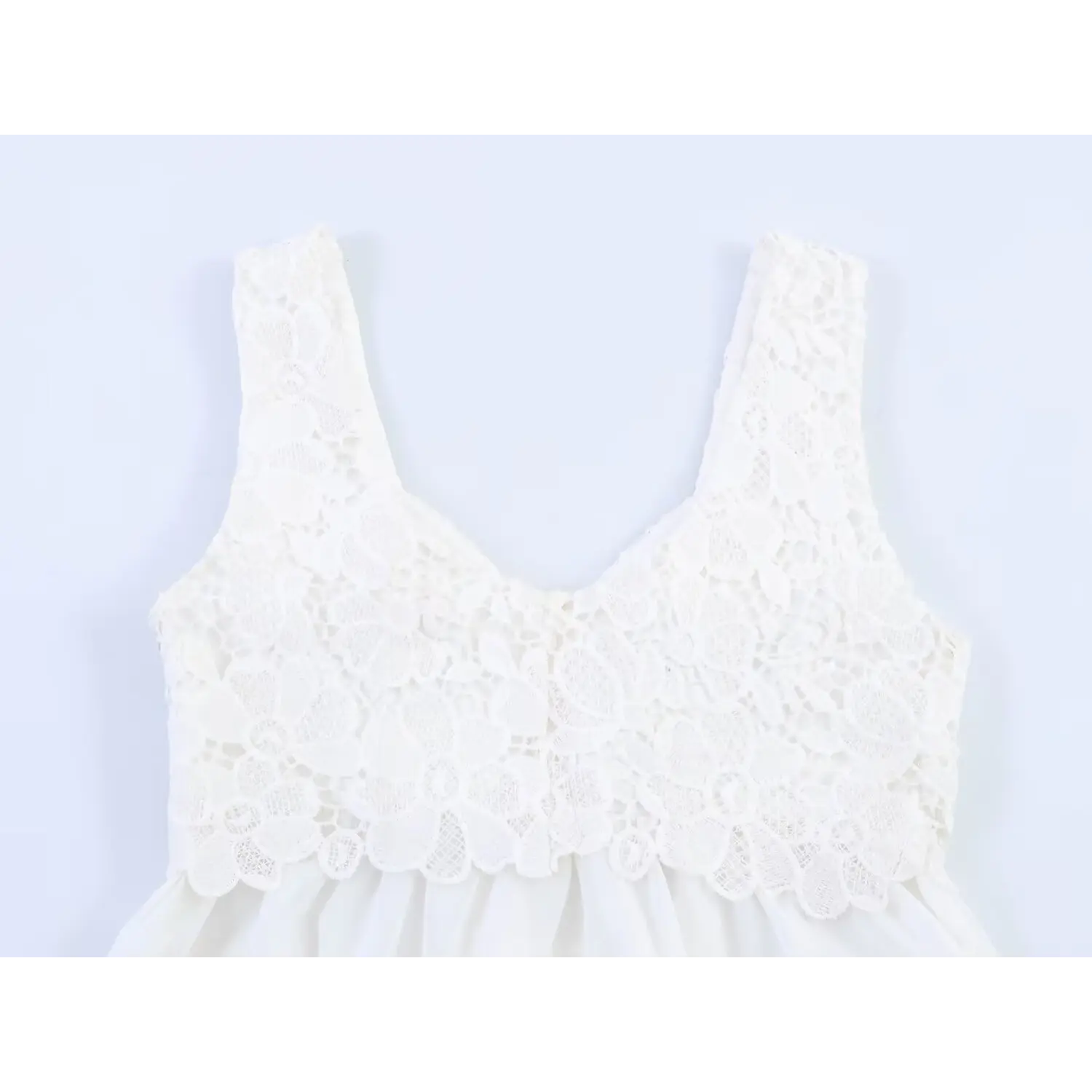  Flat shot of wide full lace shoulder straps and V neckline, intricate hollow floral crochet pattern