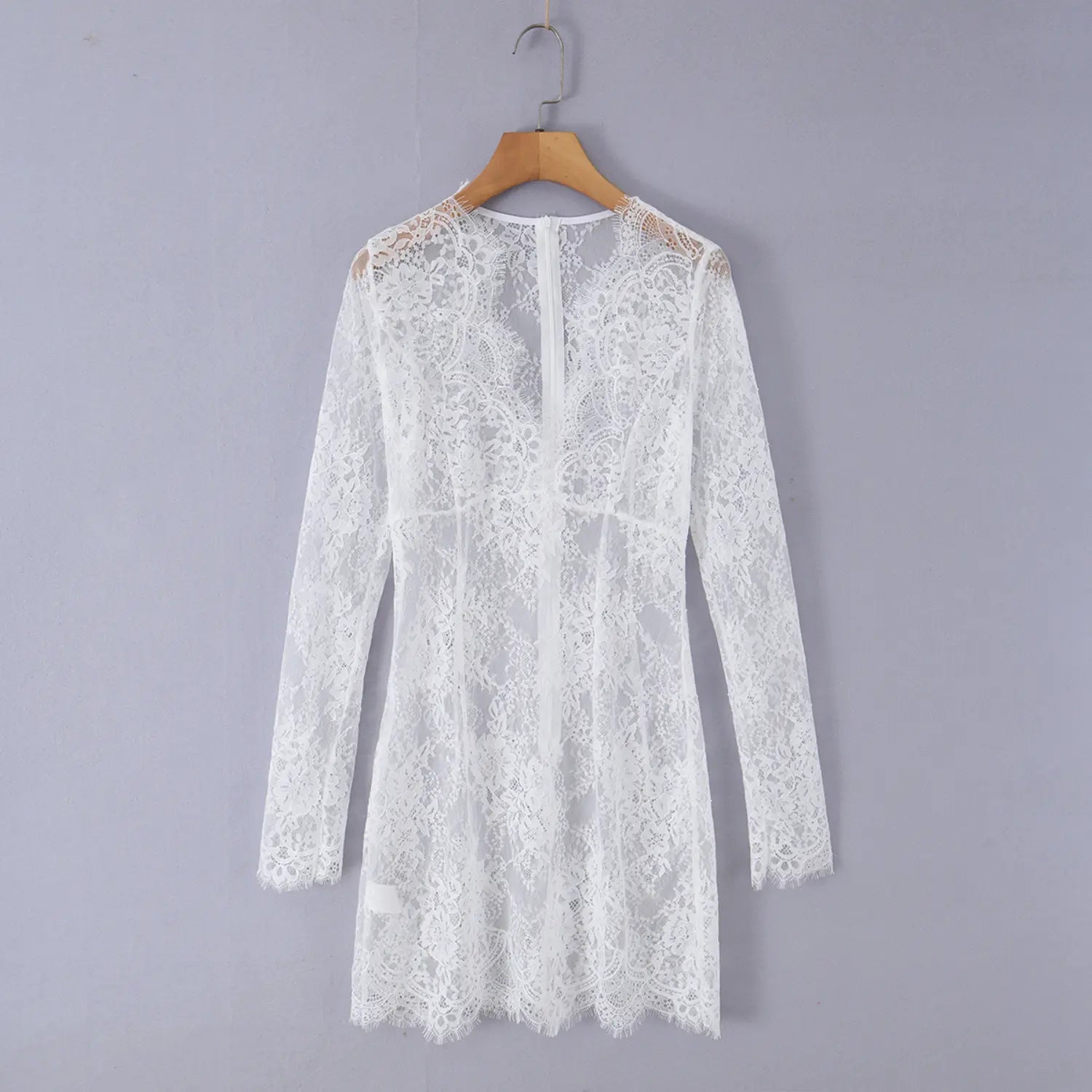 Hanging shot white floral lace long sleeve mini dress, full silhouette with back center zipper closure
