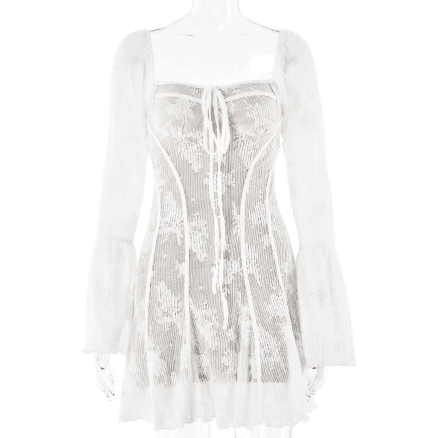 Mannequin front full shot white long bell sleeve square neck floral lace sheer mini dress