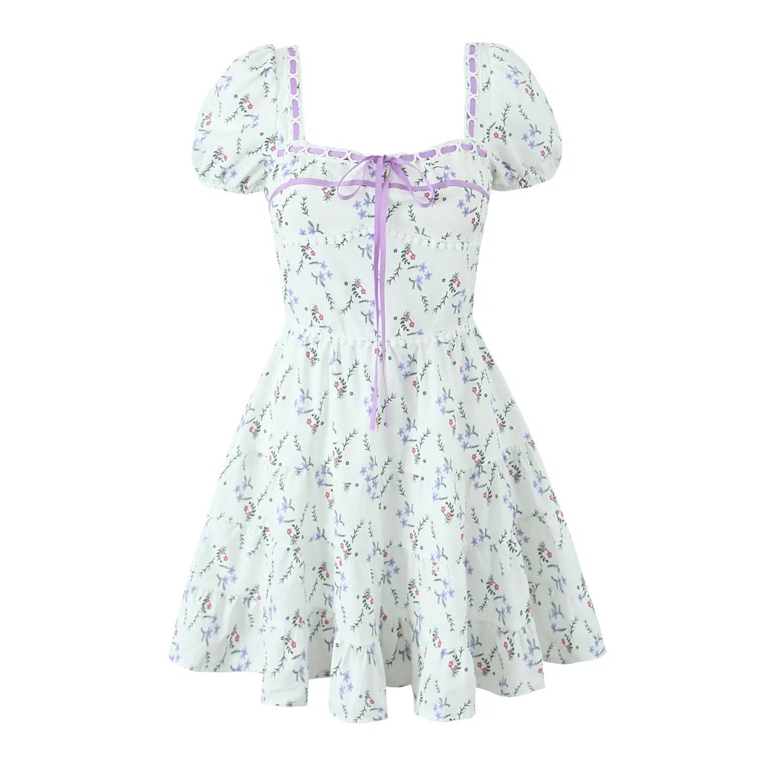 Women white ditsy floral mini dress isolated on white background, square neck, puff sleeve, purple ribbon bow, tiered ruffle skirt