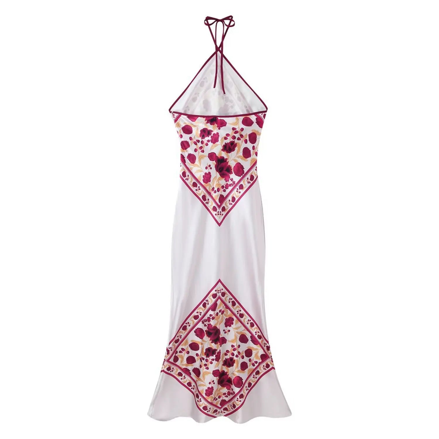 Back view white satin halter maxi dress, tie‑up halter strap, burgundy floral scarf print, mermaid silhouette, flat apparel product shot