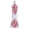Front view white satin halter maxi dress, burgundy floral bandana print, tie‑back halter neck, mermaid hem, white background studio shot