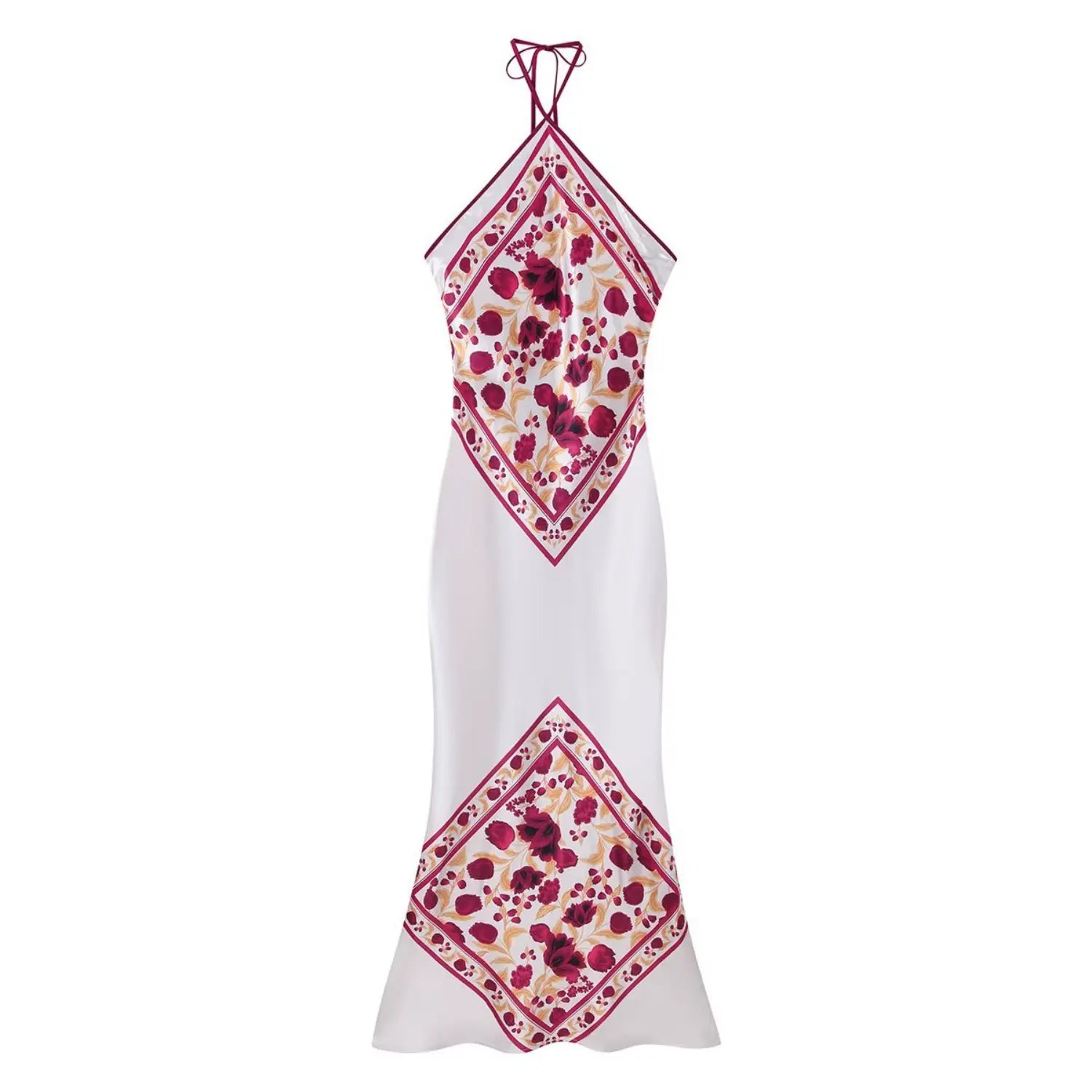 Front view white satin halter maxi dress, burgundy floral bandana print, tie‑back halter neck, mermaid hem, white background studio shot