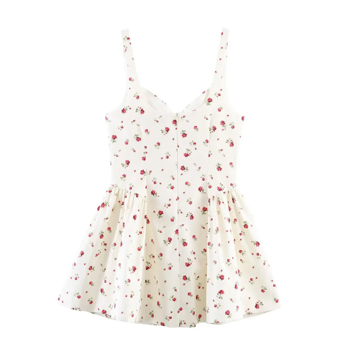 Back view of the same dress, showing the center back zipper, fitted bodice, and full floral pattern.